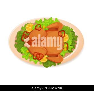 Fried, baked chicken on a white plate with lettuce leaves.Vector illustration, top view, cartoon, isolated flat on a white background Stock Vector