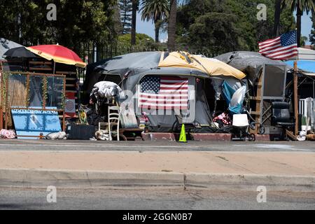 Los Angeles, CA USA - Julyl 3, 2021: Row of tents for homeless veterans surrounding the permieter of the Veterans Administration grounds Stock Photo