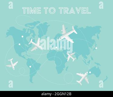 Aircraft connections on world map. Time to travel concept. Vector illustration in flat style Stock Vector