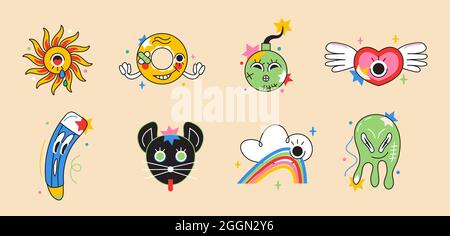 Crazy sticker vector set. Abstract comic character with big angry eye in trendy hand drawn style. Cute funny faces of TV, banana, coffee cup, cherries Stock Vector