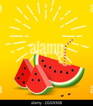 Sun rays drawn white pencil. Concept Summer banner with Watermelon. Stock Vector