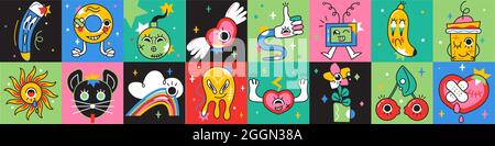 Crazy sticker vector set. Abstract comic character with big angry eye in trendy hand drawn style. Cute funny faces of TV, banana, coffee cup, cherries Stock Vector