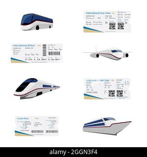 World travel and tourism concept. Ticket with QR code, boarding pass ticket template design. Bus, air, train and cruise lines. Vector Stock Vector