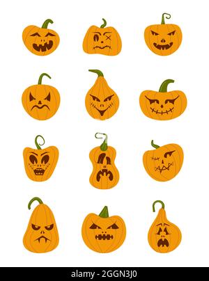 Pumkin scary Halloween face vector set. Halloween pumpkin or ghost grimace. Terrible eyes and mouth with a silhouette style. Emotion, icons of skeleto Stock Vector