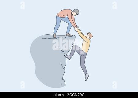 Helping hand and assistance concept. Young man standing on peak of rock giving hand to help his friend to climb up assisting working as team vector illustration  Stock Vector