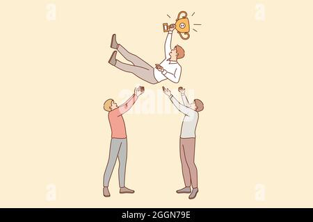 Business success, leadership, teamwork concept. Two smiling businessmen cartoon characters standing putting on air winner businessman successful leader flying in air vector illustration  Stock Vector