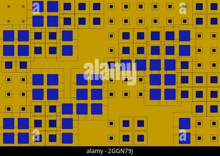 Abstract background. Pattern with square shapes. Blue graphics on yellow. 2D rendering digital illustration. Stock Vector