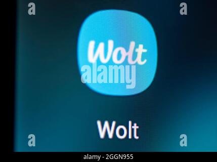 Berlin, Germany. 28th Apr, 2021. On the screen of a smartphone you can see the logo of the delivery service app Wolt. Credit: Fabian Sommer/dpa/Alamy Live News Stock Photo
