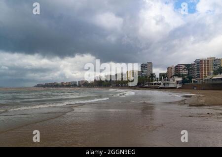 Floods. Flood. Streets, promenades and beach flooded. Rains. Storms. Storm. Damage. Hurricane. Dead. Disappeared. Heavy rain. 2024. Malaga. Valencia. Stock Photo