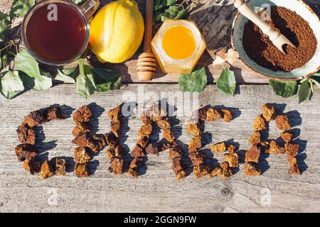 Chaga tea - a strong antioxidant, boosts immune system. Healthy pure natural. Wild Chaga Mushroom, making tea, coffee and herbal remedy Stock Photo