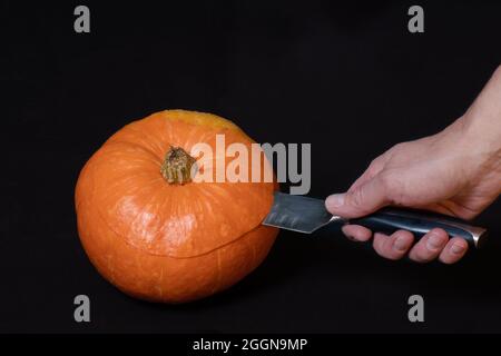 Hand holds a knife and cuts a round orange pumpkin, isolated on black background, close-up, copy space. Step-by-step instructions for preparing a jack Stock Photo