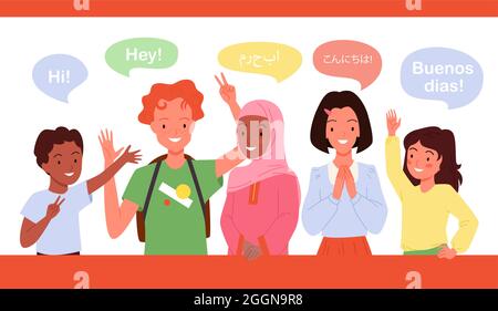 Children greeting, school kids say hi in different languages, cute students waving hand Stock Vector