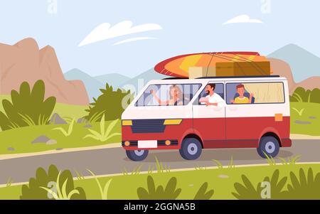 Family tourists travel by car bus camper van on road, summer vacation trip adventure Stock Vector