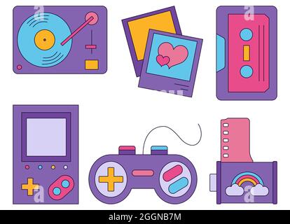 Set of purple icons in 90s retro style. Vector illustration in a flat style isolated on a white background. Stock Vector