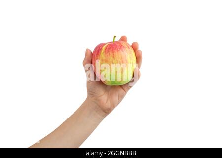 Hand holding red apple isolated on a white background Stock Photo