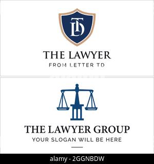 Lawyer attorney shield and pillar scale logo design Stock Vector