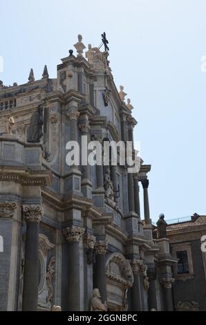 Viw of the cathedral facade in Catania, Sicily in the summer of 2021. Stock Photo