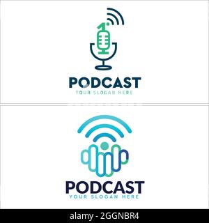 Modern podcast microphone wireless technology logo design Stock Vector