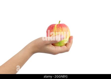 Yellow and red apple in hand isolated on a white background Stock Photo