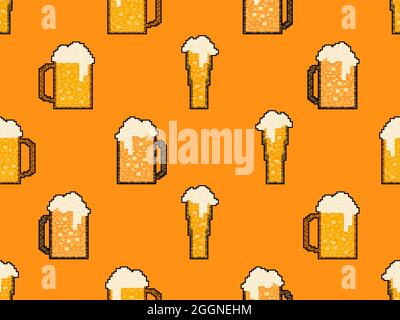 Pixel beer seamless pattern. Glass of beer pixel art. 8 bit mug, pixel ...