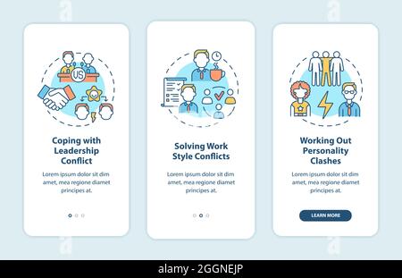 Dealing with team conflicts onboarding mobile app page screen Stock Vector