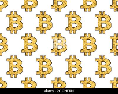 Bitcoin sign seamless pattern in pixel art style. 8-bit Bitcoin