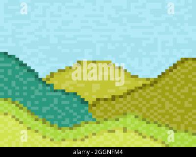 Pixel landscape with green meadows and hills. Retro 8-bit video game of the 90s in 2D. Pixel art design for games, apps, banners and posters. Vector i Stock Vector