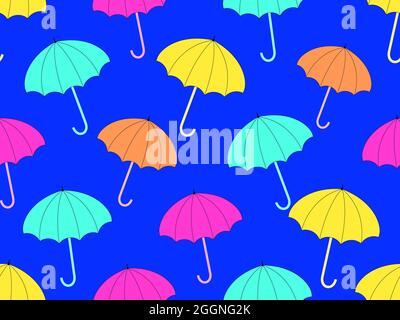 Colorful umbrellas on a blue background. Bright autumn pattern of umbrellas. Rain umbrellas. Design for printing, wrapping and fabric. Vector illustra Stock Vector