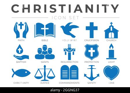 Christianity Icon Set with Faith, Bible, Crucifixion , Baptism, Church, Resurrection, Holy Spirit, Saints, Commandments,Light, Protection, Justice, Sa Stock Vector