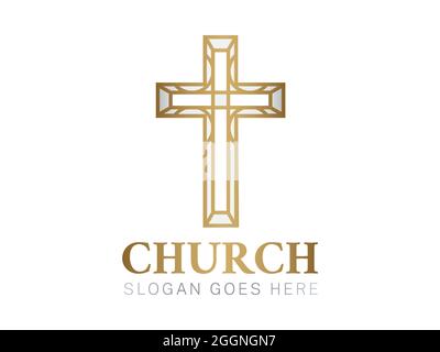 Gold Crhristian Church Logo with Cross Stock Vector