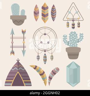 Flat boho elements collection Vector illustration. Stock Vector