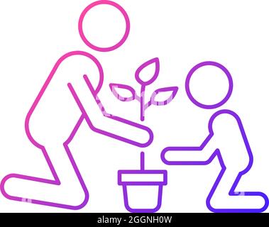 Planting flower with kid gradient linear vector icon Stock Vector