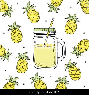 Hand drawn watermelon lemonade in a glass jar. Vector on white background. Fresh summer drink Stock Vector