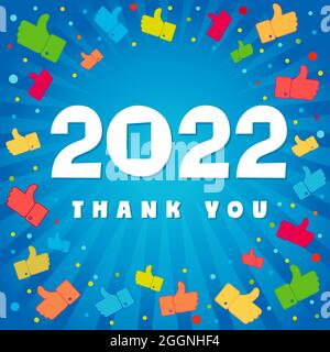 2022 thank you followers with colored likes. Happy New Year banner, white digits with colorful confetti on blue beams background. Numbers graphic Stock Vector