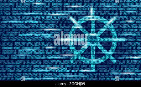 Wheel helm on container computer developer app concept. Business digital open source program. Data coding steering numbers flow vector line Stock Vector