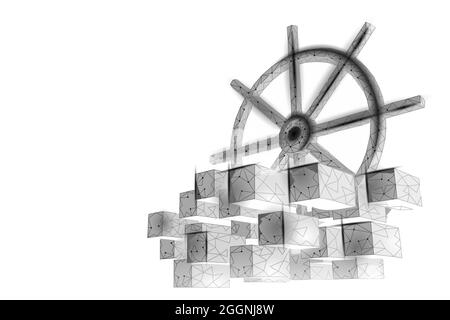 Wheel helm on container computer developer app concept. Business digital open source program. Data coding steering 3D low polygonal vector line Stock Vector
