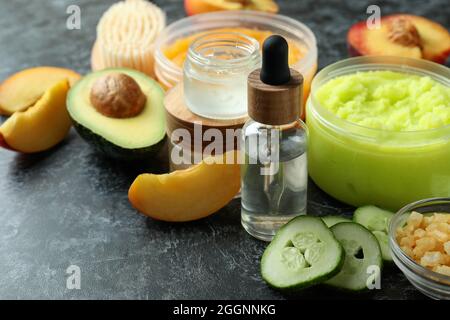 Natural spa cosmetics on black smokey background Stock Photo