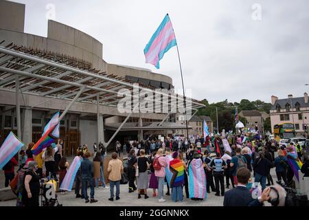 Edinburgh, Scotland, UK. 2nd Sep, 2021. PICTURED: Women Won't Wheesht movement march on the Scottish Parliament to protest against the taking away of their rights to be seen as women. Under the new laws proposed by the First Minister Nicola Sturgeon who is inside the chamber at First Ministers Questions, the women hope to make her hear their message. Credit: Colin Fisher/Alamy Live News Stock Photo