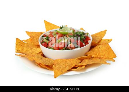 Pico de Gallo and chips isolated on white background Stock Photo