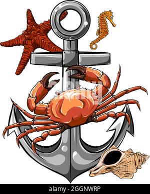 vector illustartion of anchor with sea animal Stock Vector
