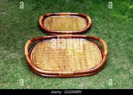 cane  basket with outdoor background selective soft focus color dark brown Stock Photo