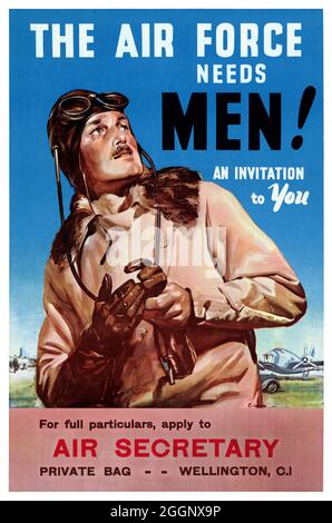 The Air Force Needs Men! An Invitation to You. Restored vintage poster published in the 1940s in New Zealand. Stock Photo
