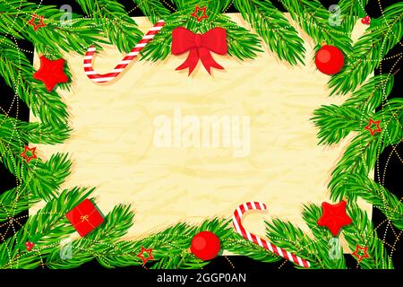 Christmas background with fir tree, decorations and textured paper. Vector illustration. Stock Vector