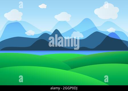 Landscape vector illustration with field hills, sea and mountains. Sky with clouds. Stock Vector