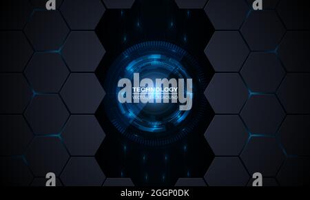 Abstract vector innovation technology concept background with circuit board and hexagonal grid. Blue bright energy flashes under hexagon. Circuit Stock Vector