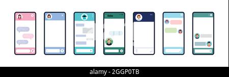 Chat bot dialoge windows on smartphone screen flat design set isolated. Ai robot chat online service concept. Vector illustration of talk interface wi Stock Vector
