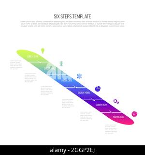 Six vector diagonal progress steps template with arrows and descriptions. Simple minimalistic progress procedure schema template with six steps elemen Stock Vector