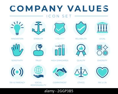 Business Company Values icon Set. Innovation, Stability, Security, Reliability, Legal, Sensitivity, Trust, High Standard, Quality, Diversity, Transpar Stock Vector