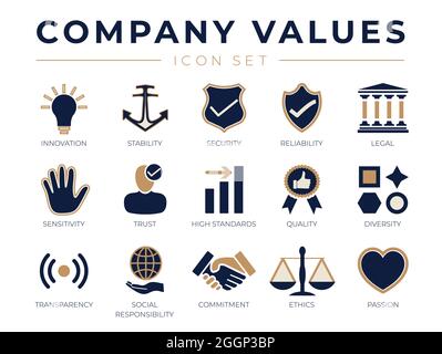 Business Company Values icon Set. Innovation, Stability, Security, Reliability, Legal, Sensitivity, Trust, High Standard, Quality, Diversity, Transpar Stock Vector
