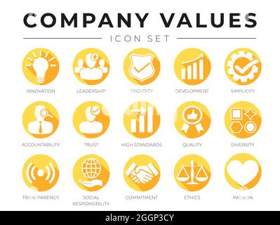 Flat Company Core Values icon Set. Innovation, Stability, Security, Reliability, Legal, Sensitivity, Trust, High Standard, Quality, Diversity, Transpa Stock Vector